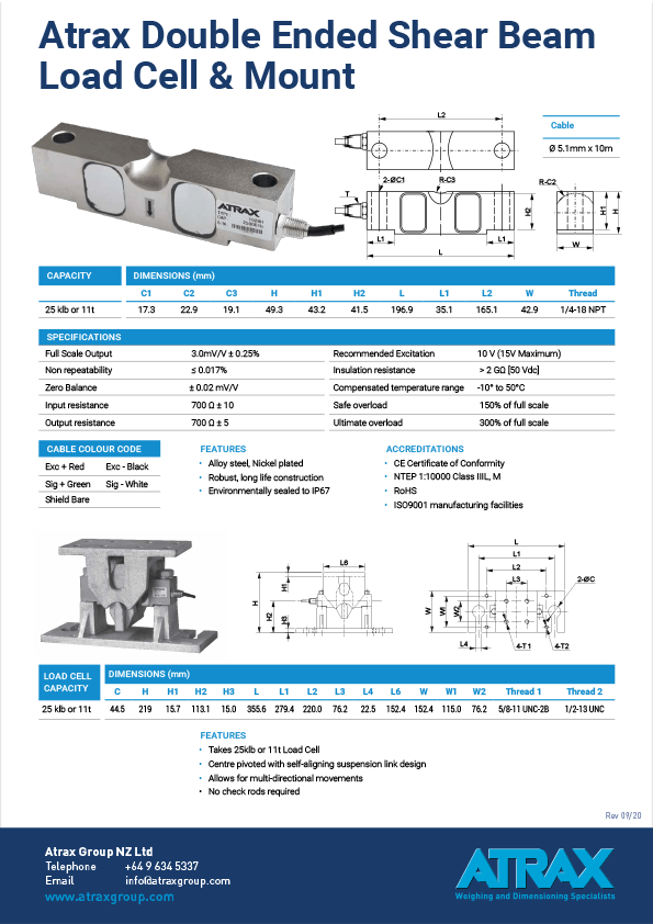 Atrax Double Ended Shear Beam Load Cell & Mount (DSBM-25T) Data Sheet (0920) PDF | Thumbnail