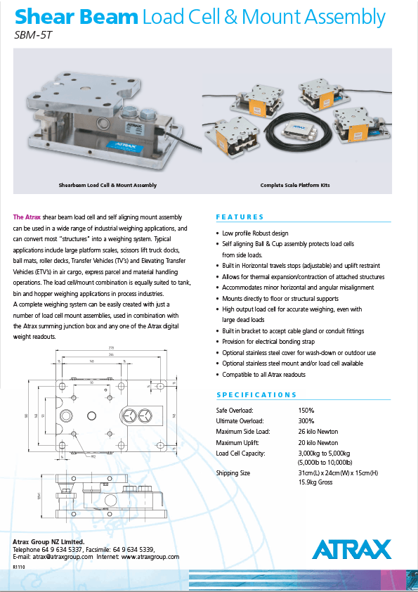 Atrax Shear Beam Load Cell & Mount 5T Brochure (1110) PDF | Thumbnail