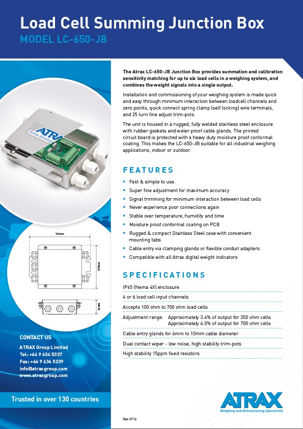 Atrax Load Cell Summing Junction Box 650 JB Brochure (0716) PDF | Thumbnail