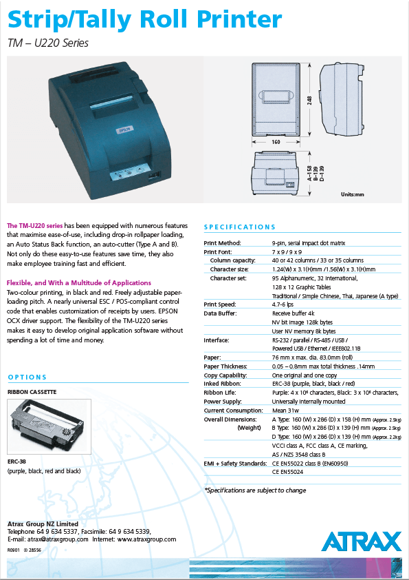 Atrax Model TM-U220 Strip/Tally Roll Printer Data Sheet